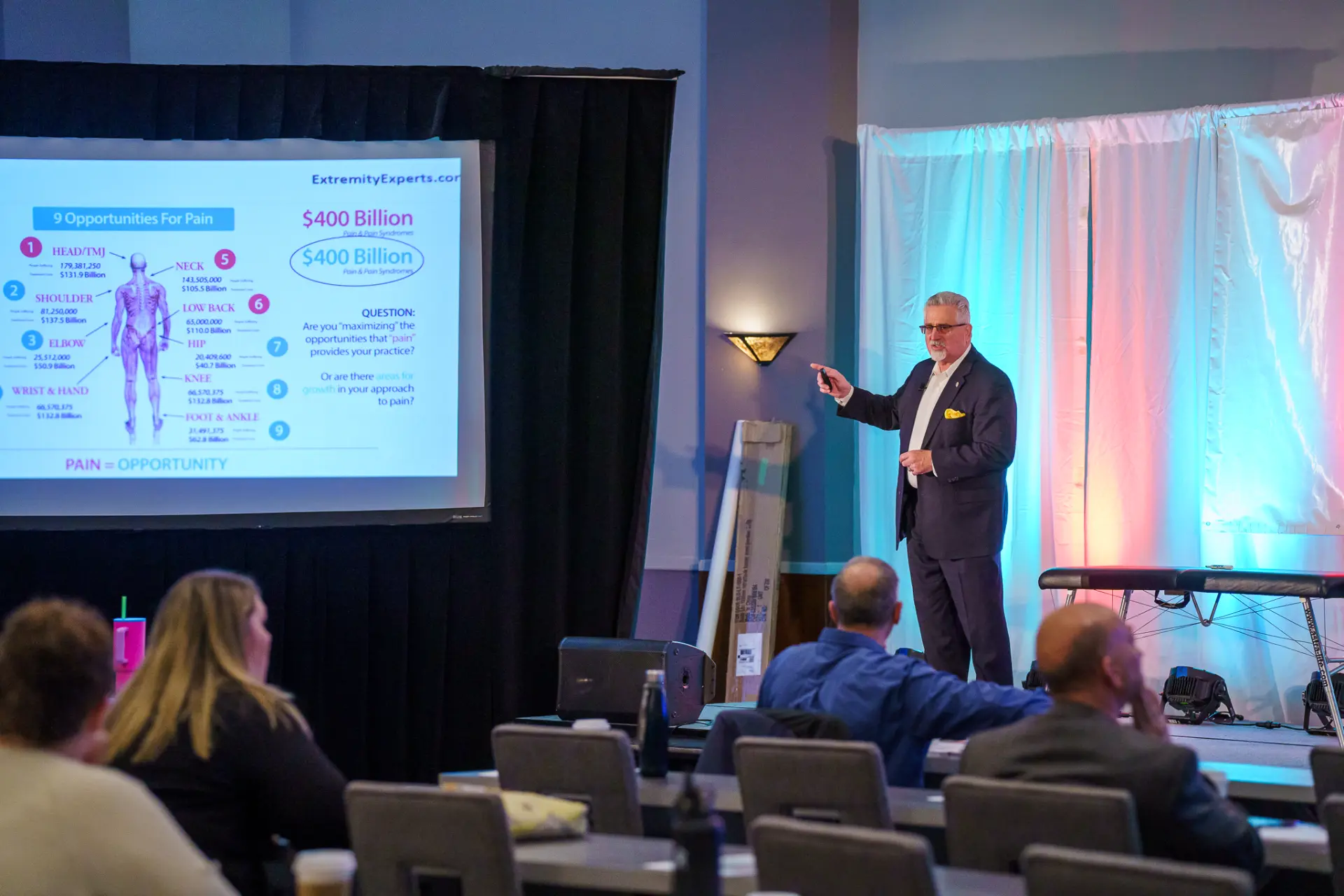A speaker presenting on stage at a TLC event